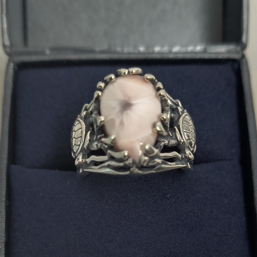 Sterling Silver Pink Opal-Center Turtle Motif Ring